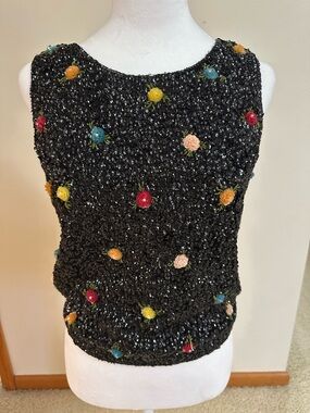 Black Sleeveless Sequin Knit Tank with Multicolor Rosette Embroidery